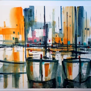 puerto y barcos, acuarela puerto marítimo, cuadro de acuarela de un puerto con barcos