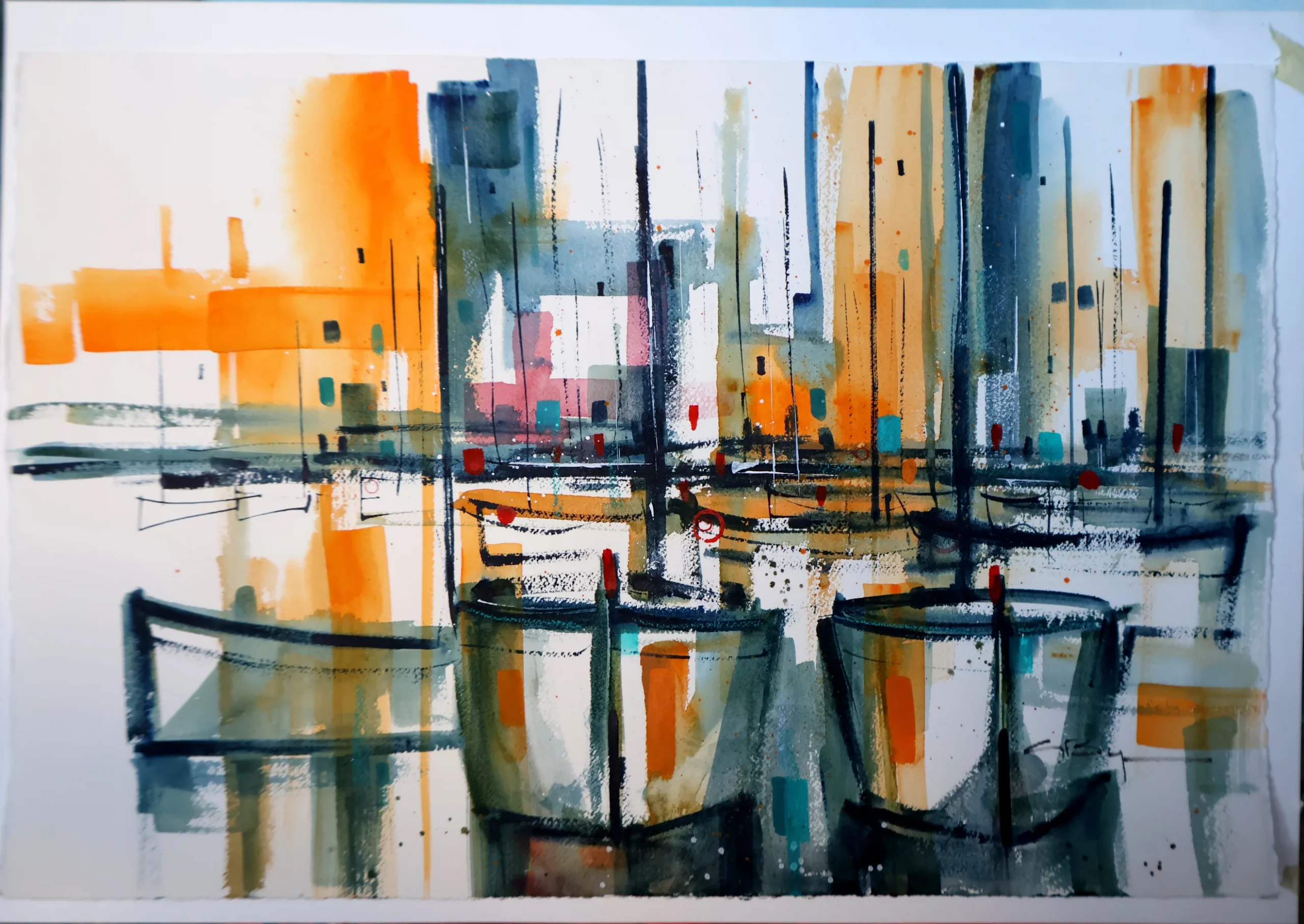 puerto y barcos, acuarela puerto marítimo, cuadro de acuarela de un puerto con barcos