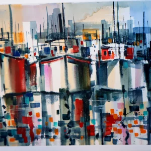 pintura de acuarela de barcos en un puerto. comprar cuadro de acuarela de un puerto