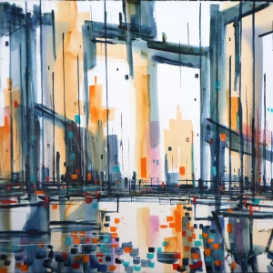 cuadro acuarela, pintura de un puerto con barcos y yates.