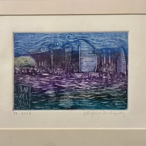 Barcelona desde el Mar, cuadro hecho por Edgard Márquez a partir de la técnica del Aguafuerte, una vista nocturna desde el mar hacia una preciosa ciudad de Barcelona.