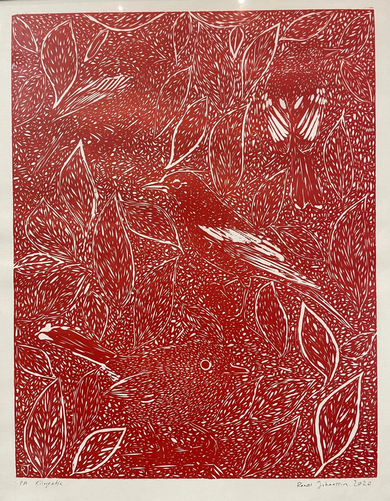 Grabado Xilografía hecho por la artista Randi Johansson - tecturas de Pájaros camuflados entre lineas y formas sutiles dentro de un mundo de jungla