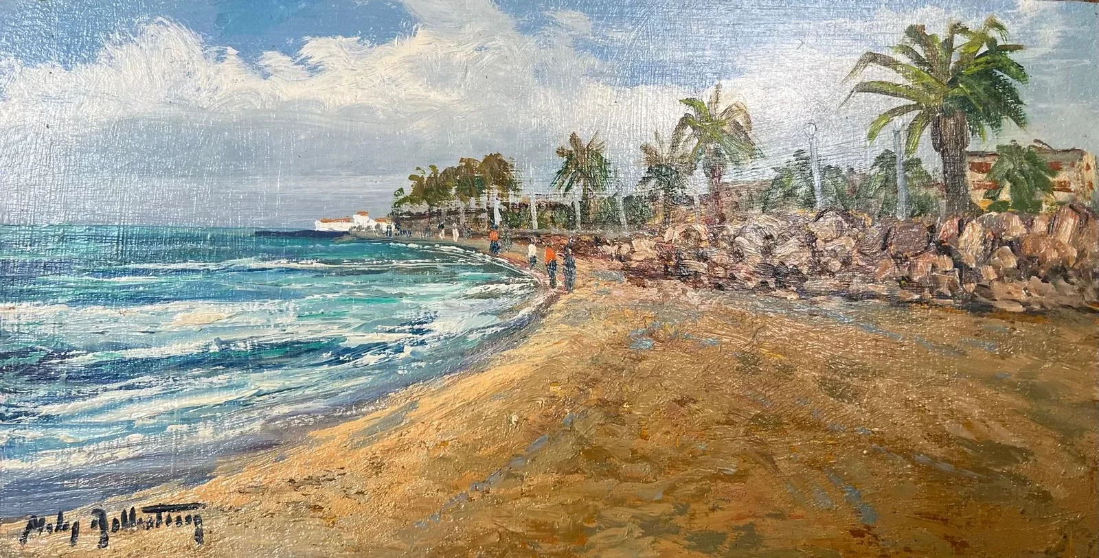 óleo sobre cartón , artista xavier moles ballesteros, nombre passeig marítim Vilassar de Mar 15x30 cm